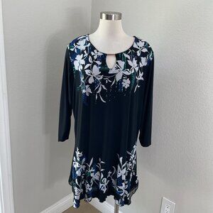 JM Collection Womens Plus 2X Black Floral Tunic Top Keyhole Neck 3/4 Sleeves